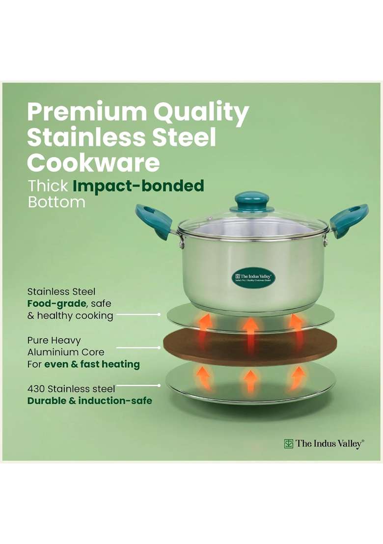 The Indus Valley Stainless Steel Impact Bonded Casserole | 5 L | 5.3 Qt | Induction Compatible | Non-Toxic - Indya