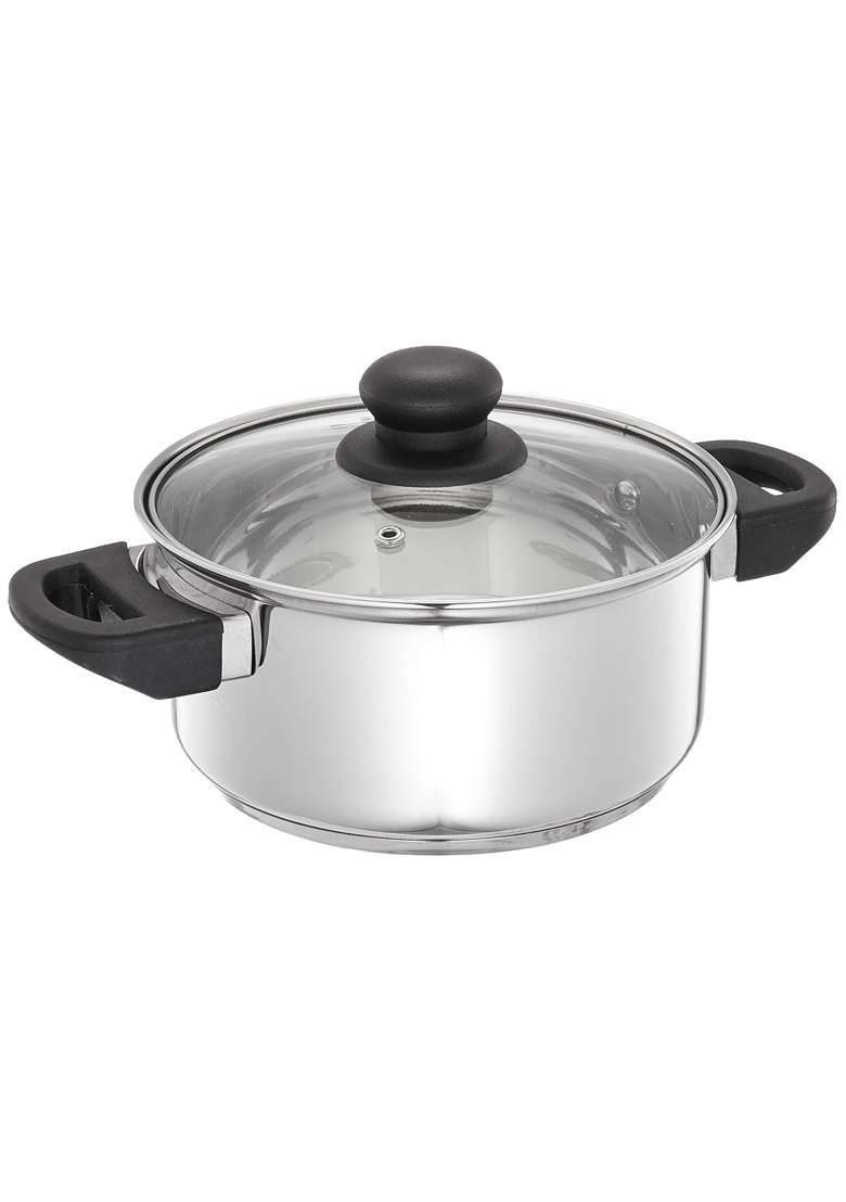 Solimo Amazon Brand Solimo Stainless Steel Dutch Oven with Glass Lid | 2000 ml | 67.6 fl oz | 18 cm | 7.1 Inch | Induction Compatible - Indya