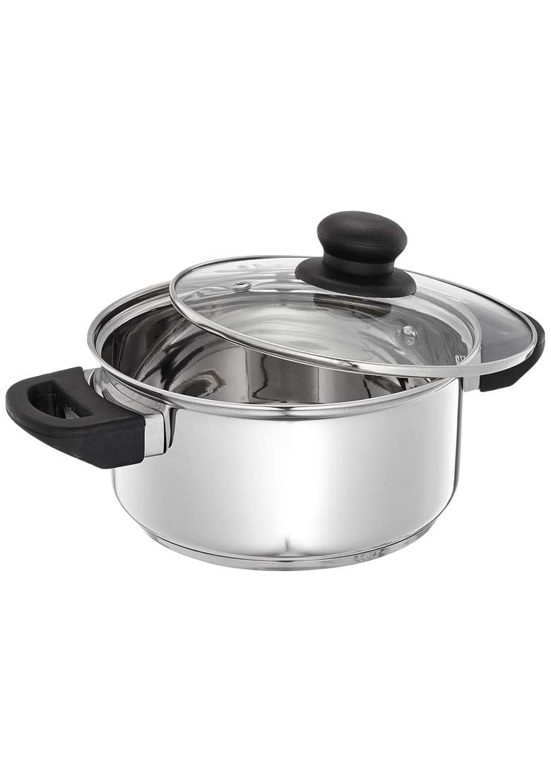 Solimo Amazon Brand Solimo Stainless Steel Dutch Oven with Glass Lid | 2000 ml | 67.6 fl oz | 18 cm | 7.1 Inch | Induction Compatible - Indya