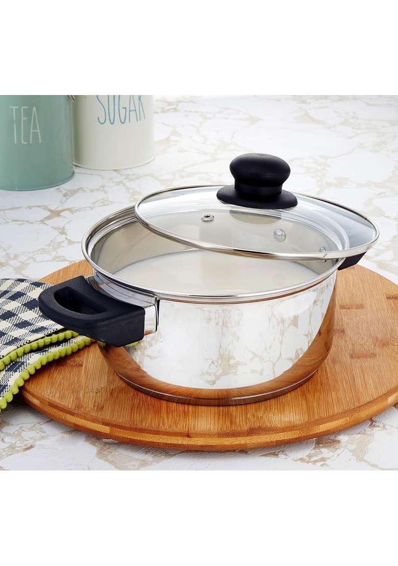 Solimo Amazon Brand Solimo Stainless Steel Dutch Oven with Glass Lid | 2000 ml | 67.6 fl oz | 18 cm | 7.1 Inch | Induction Compatible - Indya