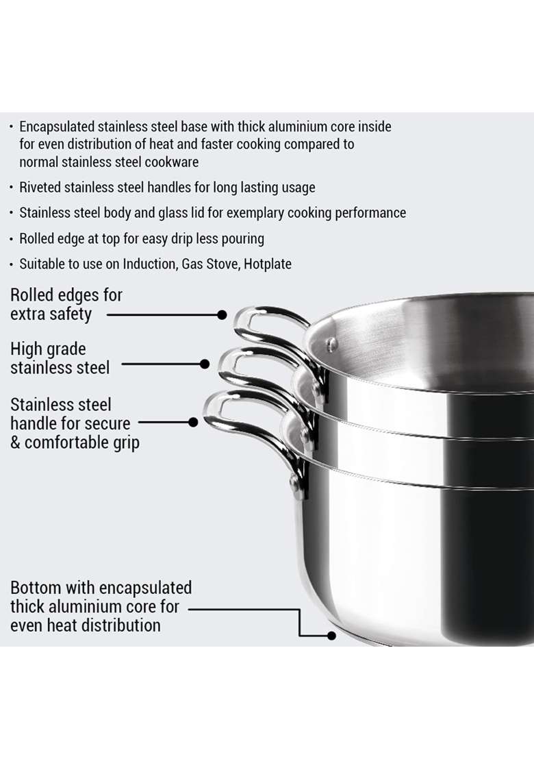 MILTON Pro cook Induction Cookware and Gas Stove Friendly Triply Stainless Steel Casserole | 1.2 L | 1.3 Qt | 14 cm | 5.5 Inch | With Lid - Indya