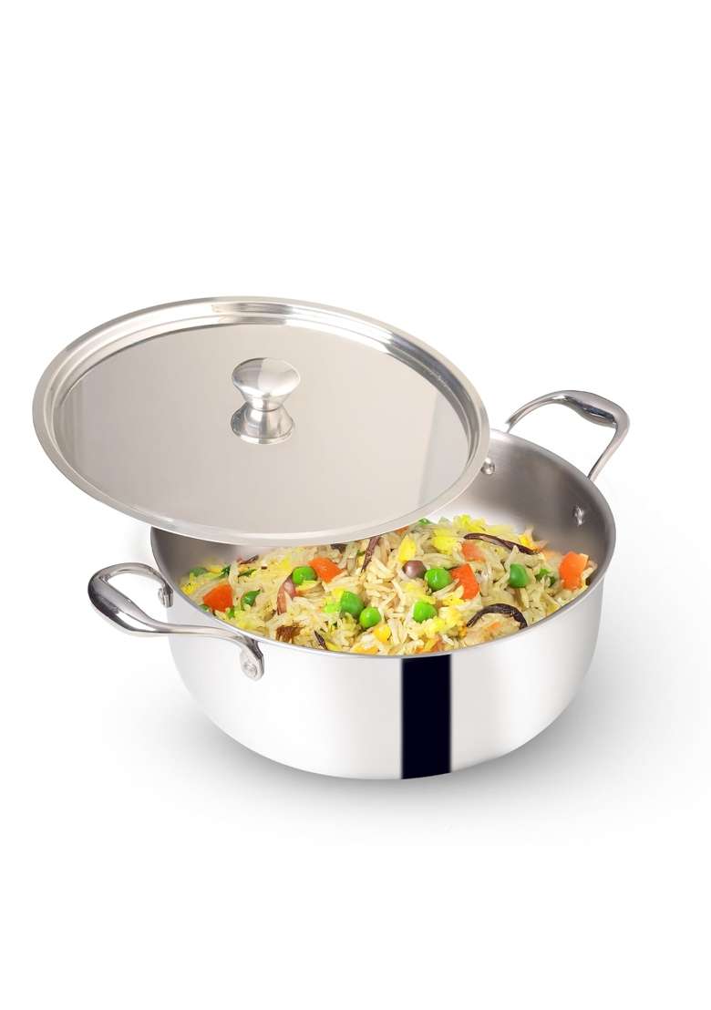 The Indus Valley Triply Stainless Steel Stock Pot with SS Lid Briyani Pot | 4 L | 4.2 Qt | 24 cm | 9.4 Inch | Induction Compatible | Non-Toxic - Indya