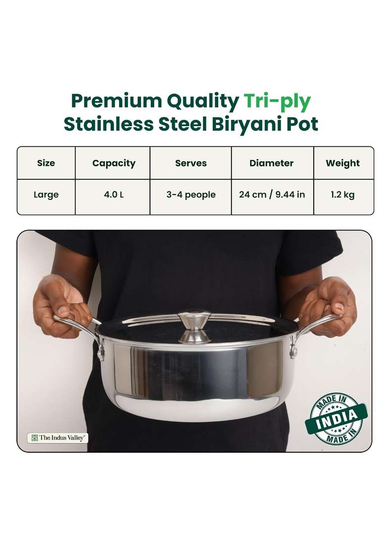 The Indus Valley Triply Stainless Steel Stock Pot with SS Lid Briyani Pot | 4 L | 4.2 Qt | 24 cm | 9.4 Inch | Induction Compatible | Non-Toxic - Indya