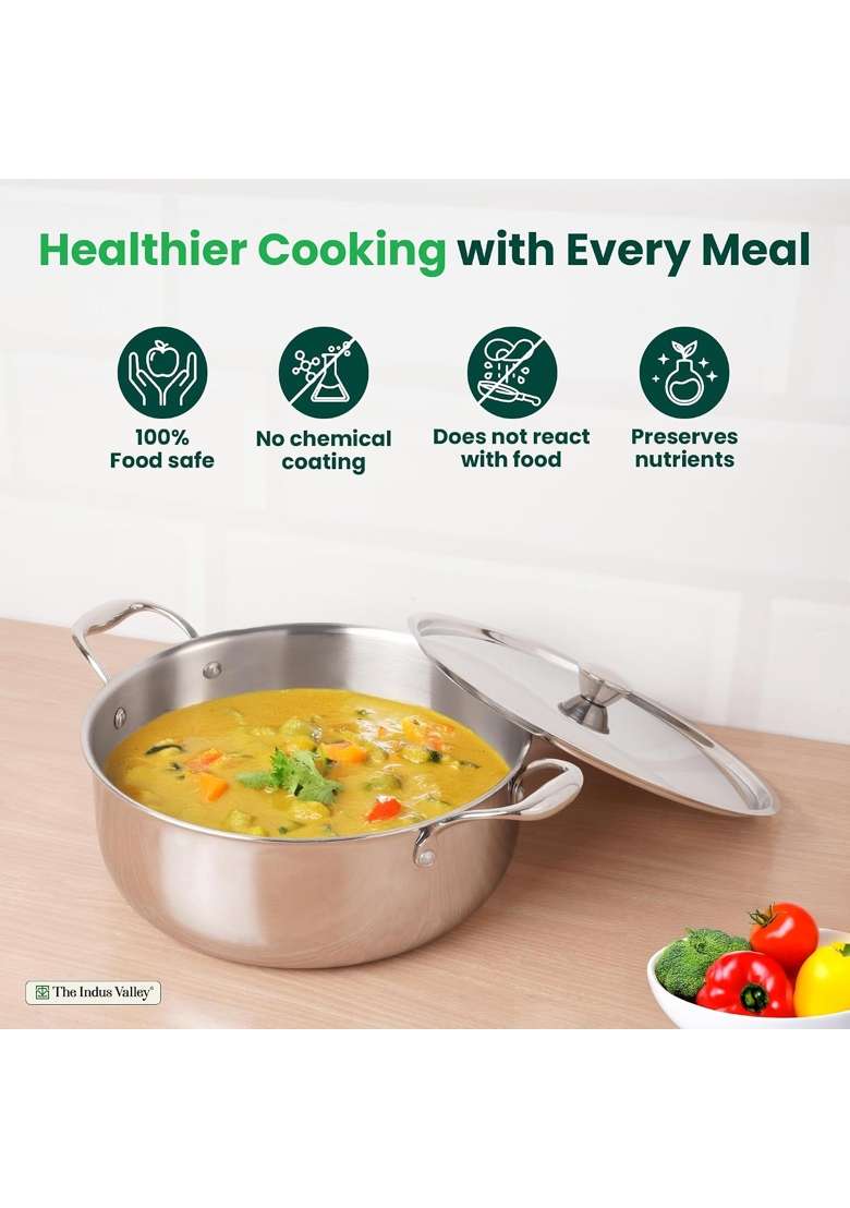The Indus Valley Triply Stainless Steel Stock Pot with SS Lid Briyani Pot | 4 L | 4.2 Qt | 24 cm | 9.4 Inch | Induction Compatible | Non-Toxic - Indya