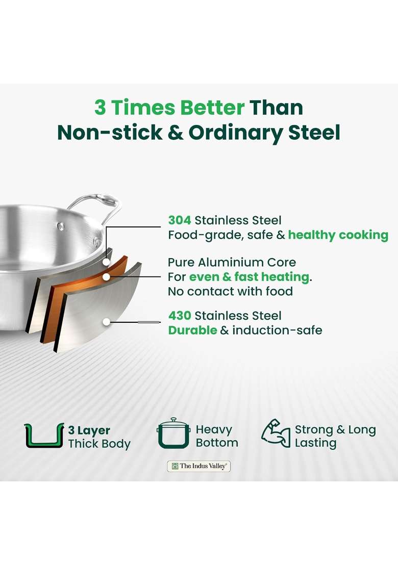 The Indus Valley Triply Stainless Steel Stock Pot with SS Lid Briyani Pot | 4 L | 4.2 Qt | 24 cm | 9.4 Inch | Induction Compatible | Non-Toxic - Indya