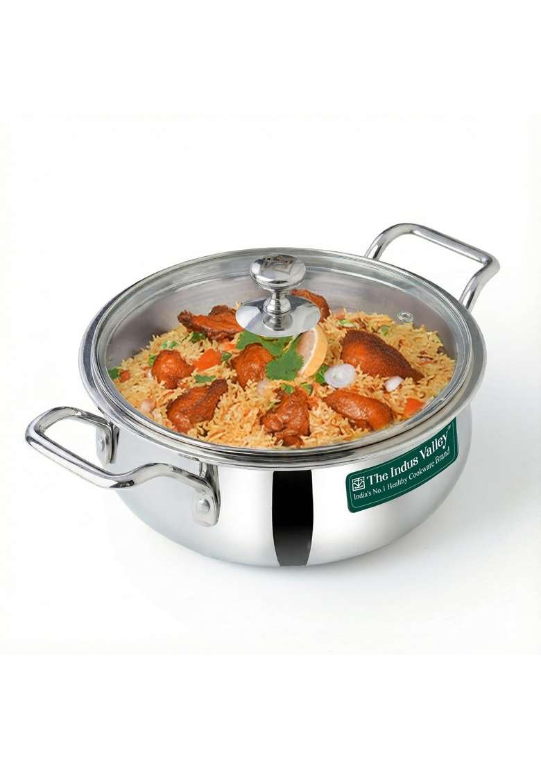 The Indus Valley Triply Stainless Steel Stock Pot with Glass Lid Briyani Pot Handi Shaped | 2 L | 2.1 Qt | 24 cm | 9.4 Inch - Indya