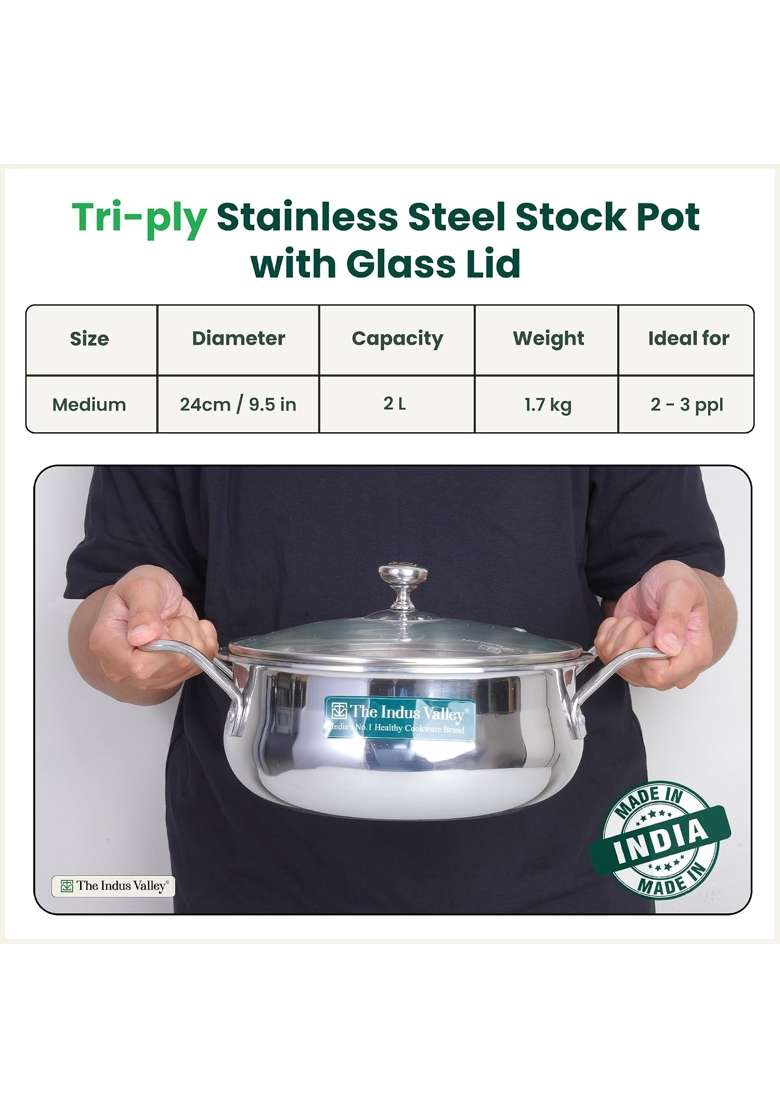 The Indus Valley Triply Stainless Steel Stock Pot with Glass Lid Briyani Pot Handi Shaped | 2 L | 2.1 Qt | 24 cm | 9.4 Inch - Indya