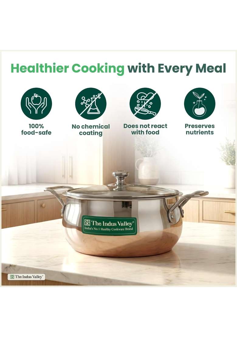 The Indus Valley Triply Stainless Steel Stock Pot with Glass Lid Briyani Pot Handi Shaped | 2 L | 2.1 Qt | 24 cm | 9.4 Inch - Indya