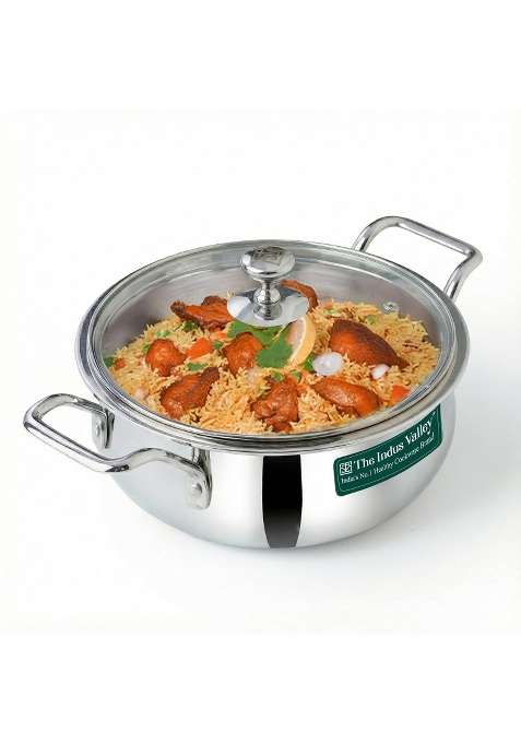 The Indus Valley Triply Stainless Steel Stock Pot with Glass Lid Briyani Pot Handi Shaped | 2 L | 2.1 Qt | 24 cm | 9.4 Inch