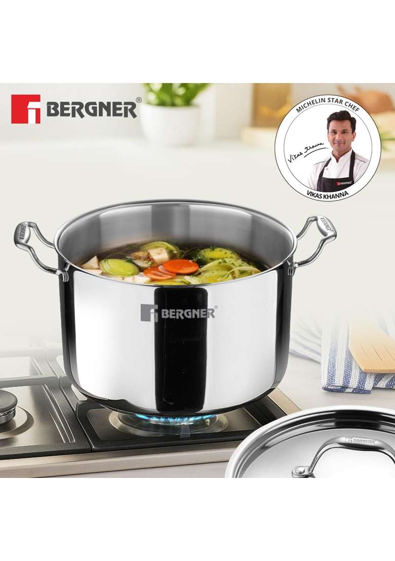 BERGNER Argent Samsara Triply Stock Pot with Stainless Steel Lid | 3 L | 3.2 Qt | 18 cm | 7.1 Inch | Induction Compatible - Indya