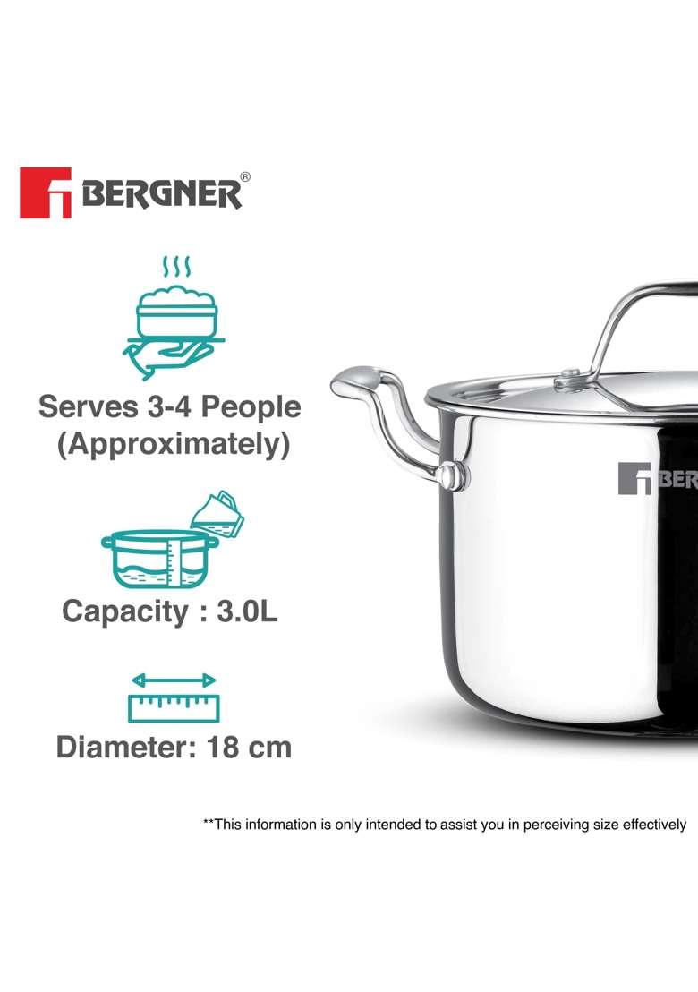 BERGNER Argent Samsara Triply Stock Pot with Stainless Steel Lid | 3 L | 3.2 Qt | 18 cm | 7.1 Inch | Induction Compatible - Indya