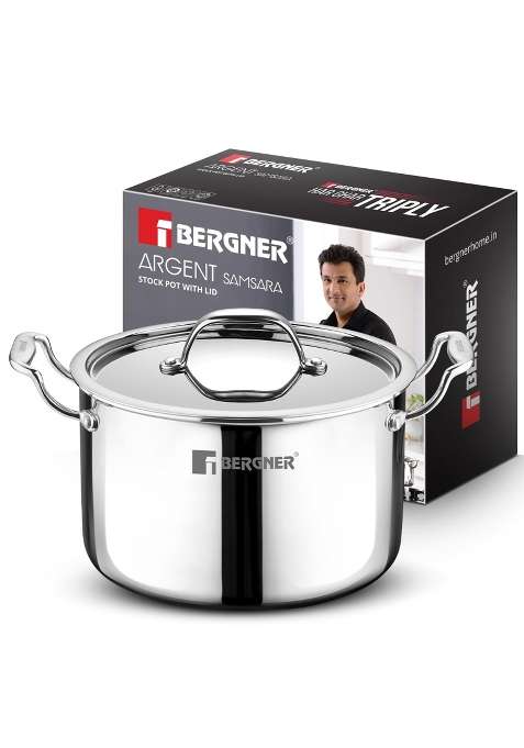 BERGNER Argent Samsara Triply Stock Pot with Stainless Steel Lid | 3 L | 3.2 Qt | 18 cm | 7.1 Inch | Induction Compatible