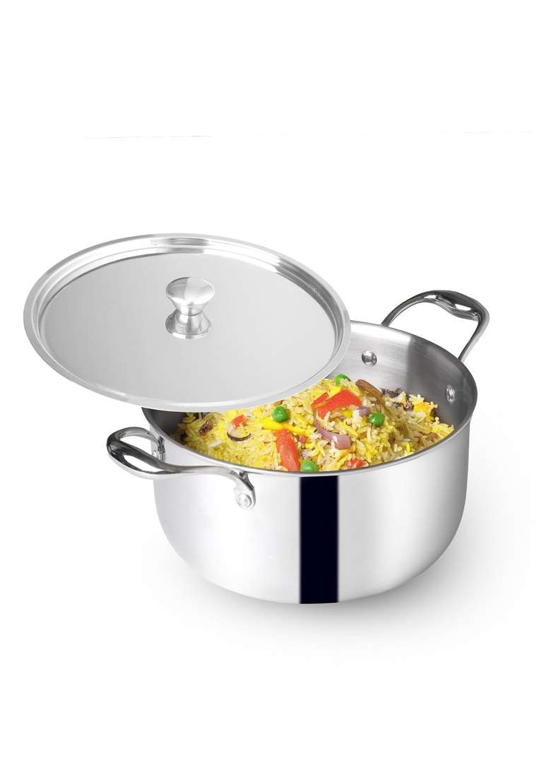 The Indus Valley Triply Stainless Steel Stock Pot with SS Lid Briyani Pot Casserole | 5.5 L | 5.8 Qt | 24 cm | 9.4 Inch | Induction Compatible - Indya