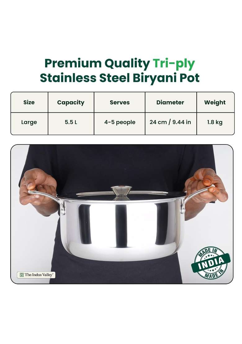The Indus Valley Triply Stainless Steel Stock Pot with SS Lid Briyani Pot Casserole | 5.5 L | 5.8 Qt | 24 cm | 9.4 Inch | Induction Compatible - Indya