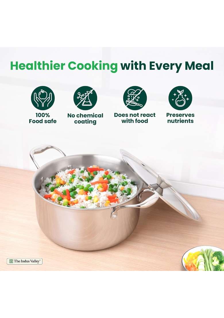 The Indus Valley Triply Stainless Steel Stock Pot with SS Lid Briyani Pot Casserole | 5.5 L | 5.8 Qt | 24 cm | 9.4 Inch | Induction Compatible - Indya