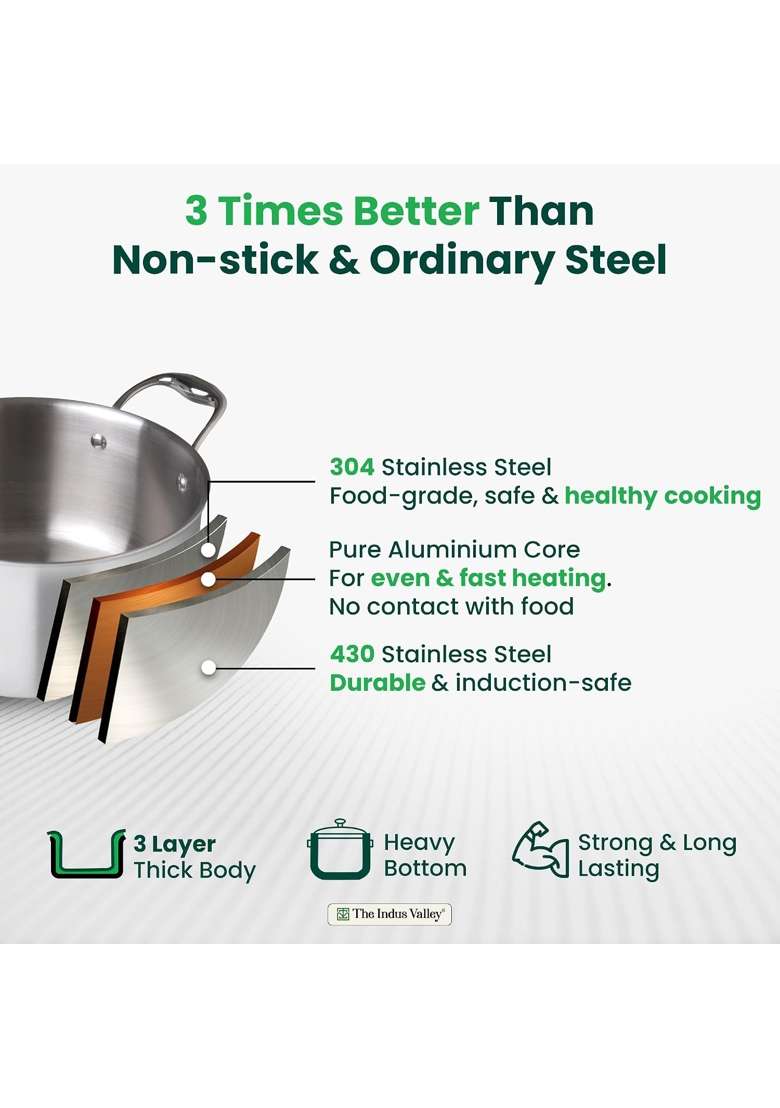 The Indus Valley Triply Stainless Steel Stock Pot with SS Lid Briyani Pot Casserole | 5.5 L | 5.8 Qt | 24 cm | 9.4 Inch | Induction Compatible - Indya