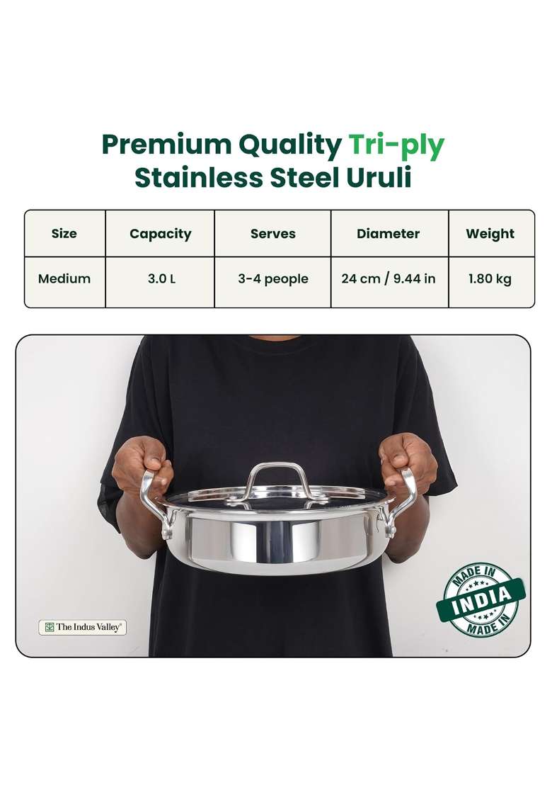 The Indus Valley Triply Stainless Steel Biryani Pot with SS Lid | 3 L | 3.2 Qt | Induction Compatible | Non-Stick - Indya