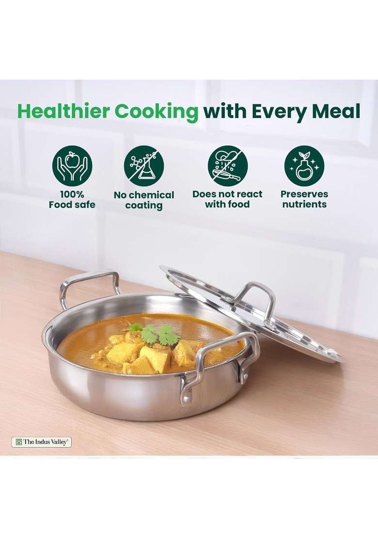 The Indus Valley Triply Stainless Steel Biryani Pot with SS Lid | 3 L | 3.2 Qt | Induction Compatible | Non-Stick - Indya