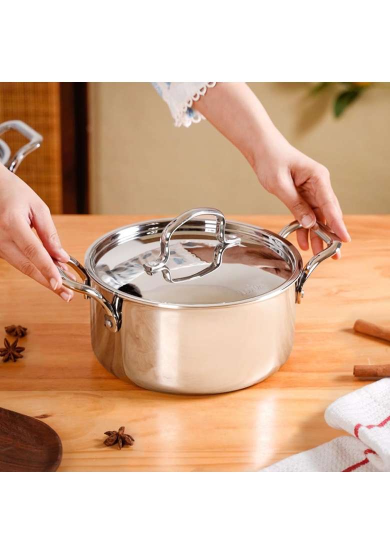 Nestasia Triply Stainless Steel Casserole Pot with Lid | 3000 ml | 101.4 fl oz | Induction Compatible | Heavy Bottom - Indya