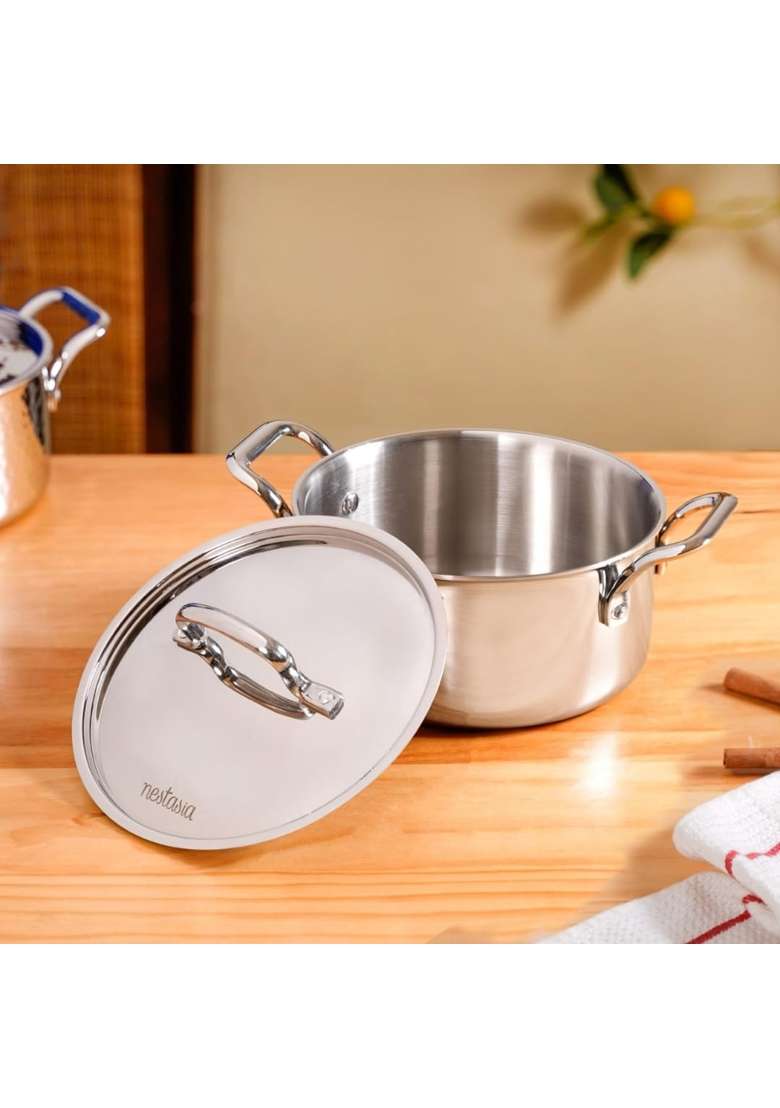 Nestasia Triply Stainless Steel Casserole Pot with Lid | 3000 ml | 101.4 fl oz | Induction Compatible | Heavy Bottom - Indya