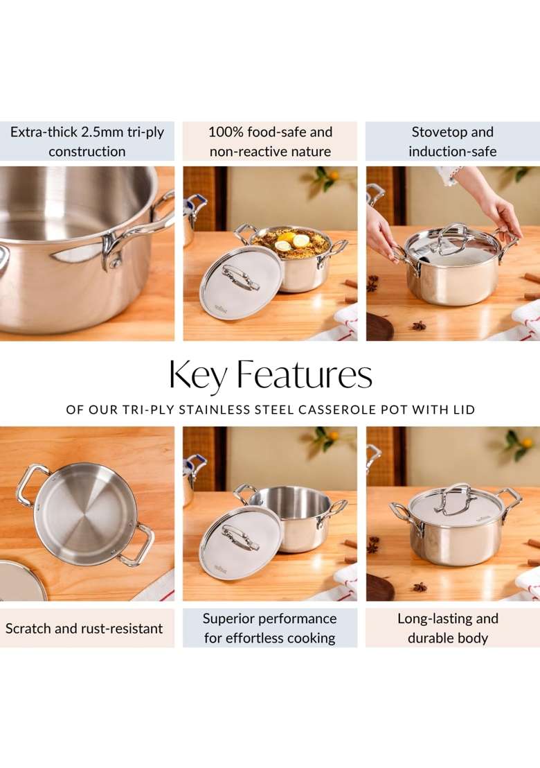 Nestasia Triply Stainless Steel Casserole Pot with Lid | 3000 ml | 101.4 fl oz | Induction Compatible | Heavy Bottom - Indya