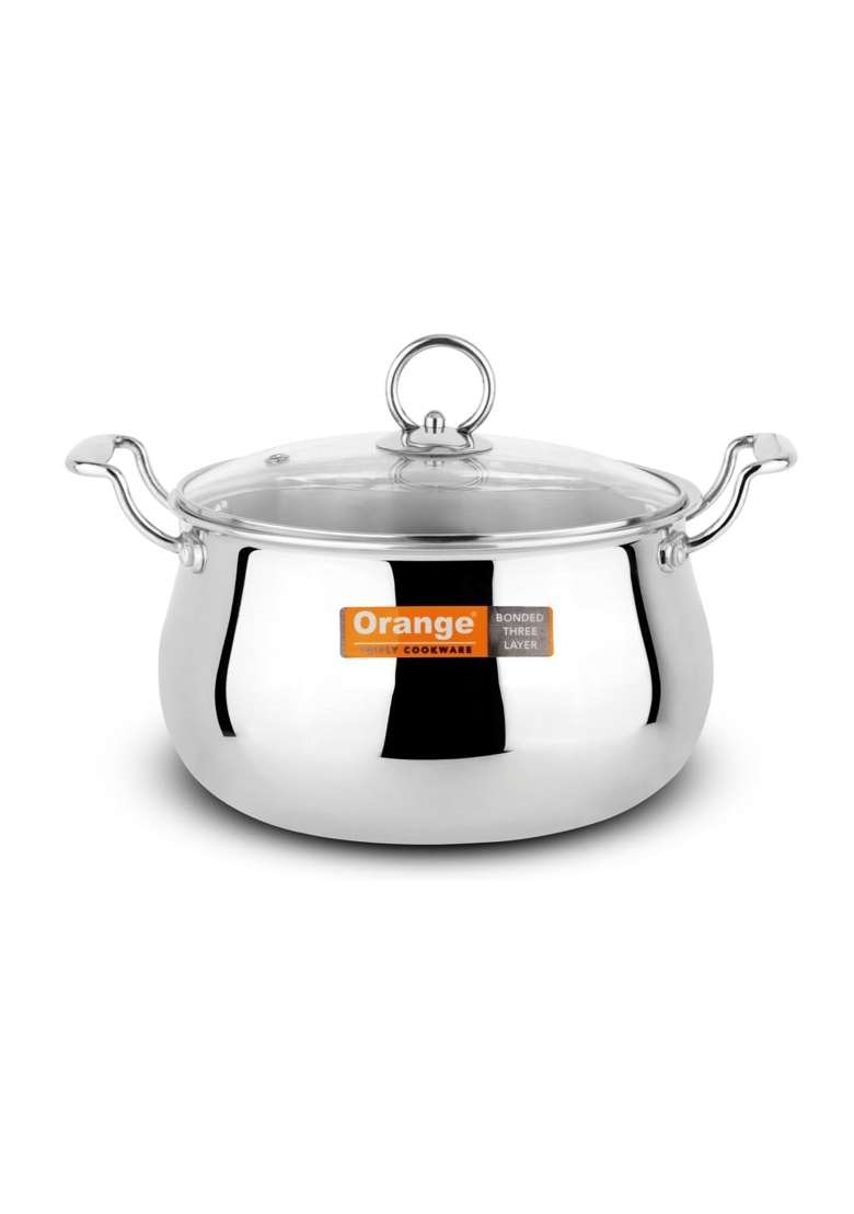 Orange Stainless Steel Triply Cook and Serve Handi Biryani Pot Stock Pot Casserole | 4 L | 4.2 Qt | 20 cm | 7.9 Inch | Induction Compatible - Indya