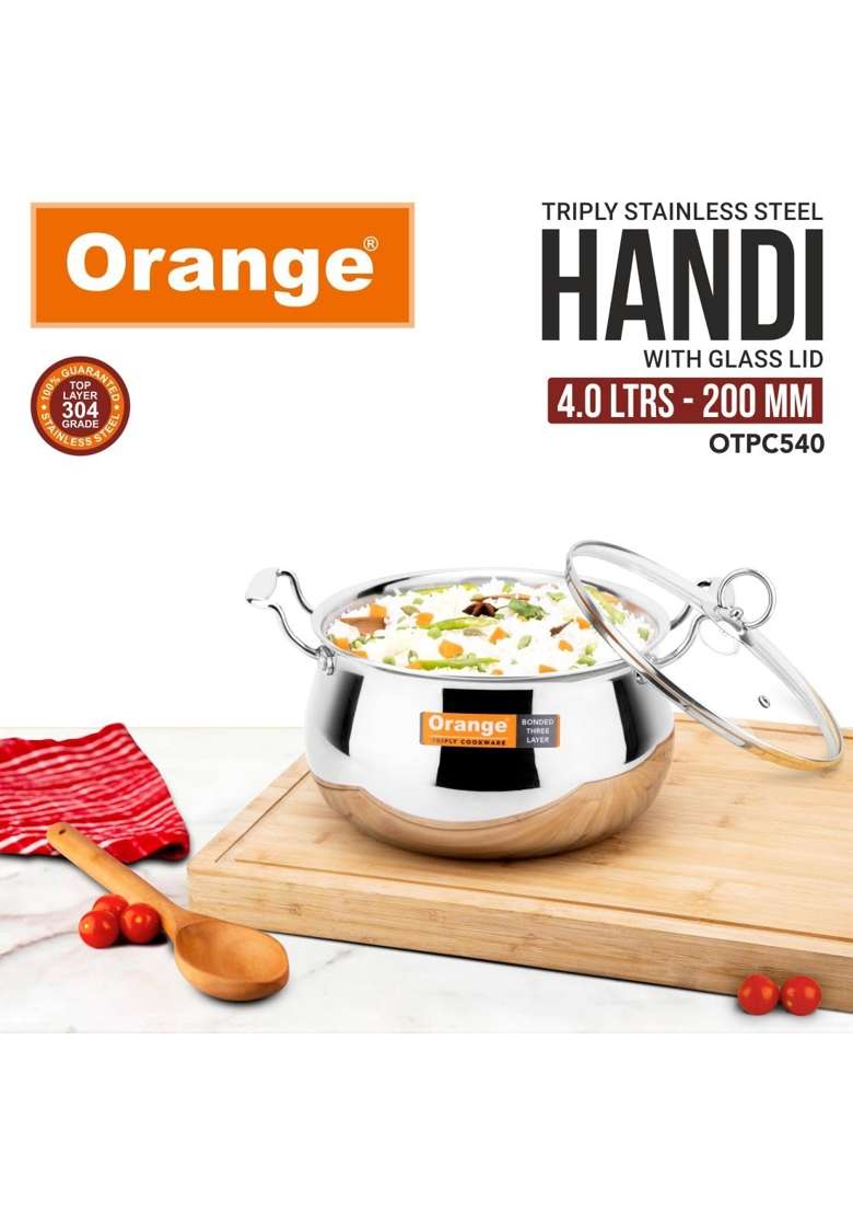 Orange Stainless Steel Triply Cook and Serve Handi Biryani Pot Stock Pot Casserole | 4 L | 4.2 Qt | 20 cm | 7.9 Inch | Induction Compatible - Indya