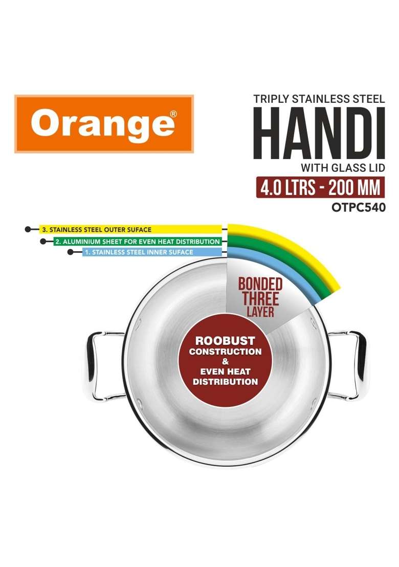 Orange Stainless Steel Triply Cook and Serve Handi Biryani Pot Stock Pot Casserole | 4 L | 4.2 Qt | 20 cm | 7.9 Inch | Induction Compatible - Indya