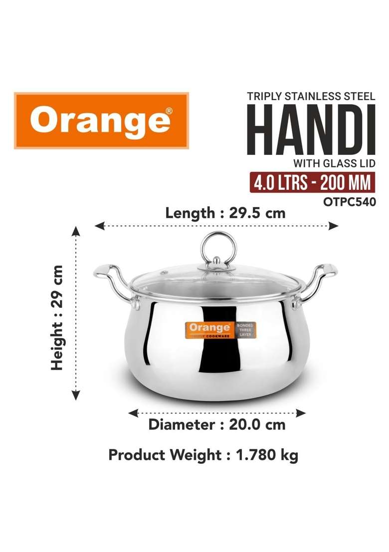 Orange Stainless Steel Triply Cook and Serve Handi Biryani Pot Stock Pot Casserole | 4 L | 4.2 Qt | 20 cm | 7.9 Inch | Induction Compatible - Indya