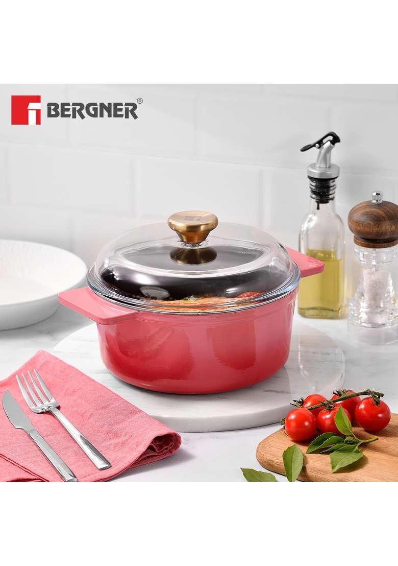BERGNER Excalibur Lightweight Cast Iron Dutch Oven Biryani Pot Casserole with Glass Lid | 1.2 L | 1.3 Qt | 16 cm | 6.3 Inch | Induction Compatible - Indya