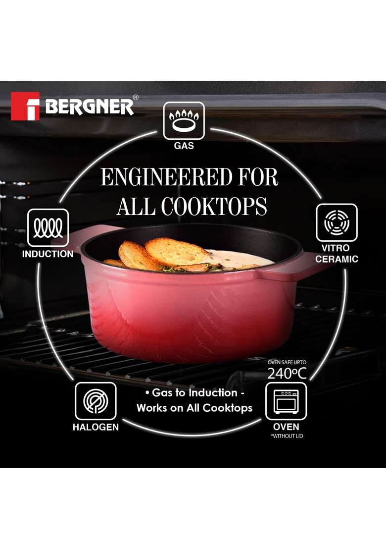 BERGNER Excalibur Lightweight Cast Iron Dutch Oven Biryani Pot Casserole with Glass Lid | 1.2 L | 1.3 Qt | 16 cm | 6.3 Inch | Induction Compatible - Indya