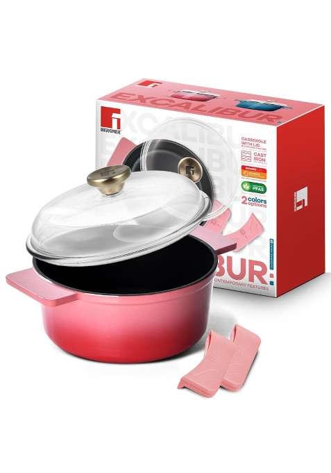 BERGNER Excalibur Lightweight Cast Iron Dutch Oven Biryani Pot Casserole with Glass Lid | 1.2 L | 1.3 Qt | 16 cm | 6.3 Inch | Induction Compatible