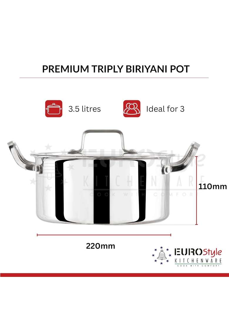 EURO style EUROStyle Professional Stainless Steel Triply Biryani Pot with Lid | 3.5 L | 3.7 Qt | 22 cm | 8.7 Inch - Indya