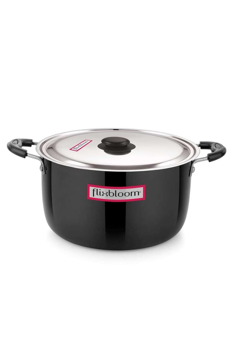 FLIXBLOOM Deep Black Kitchen Hard Anodised Induction Base Cook-n-Serve Bowl Cooking Sauce | 2 L | 2.1 Qt | With Lid - Indya