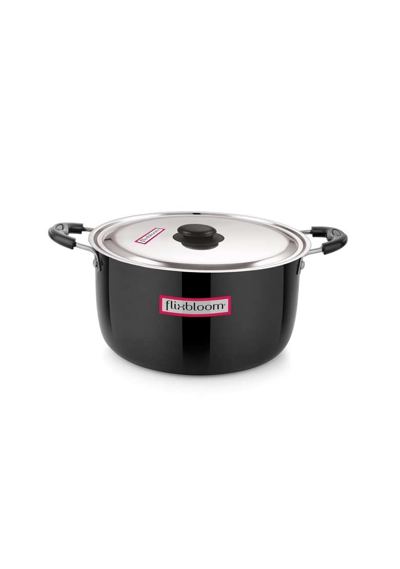 FLIXBLOOM Deep Black Kitchen Hard Anodised Induction Base Cook-n-Serve Bowl Cooking Sauce | 2 L | 2.1 Qt | With Lid - Indya