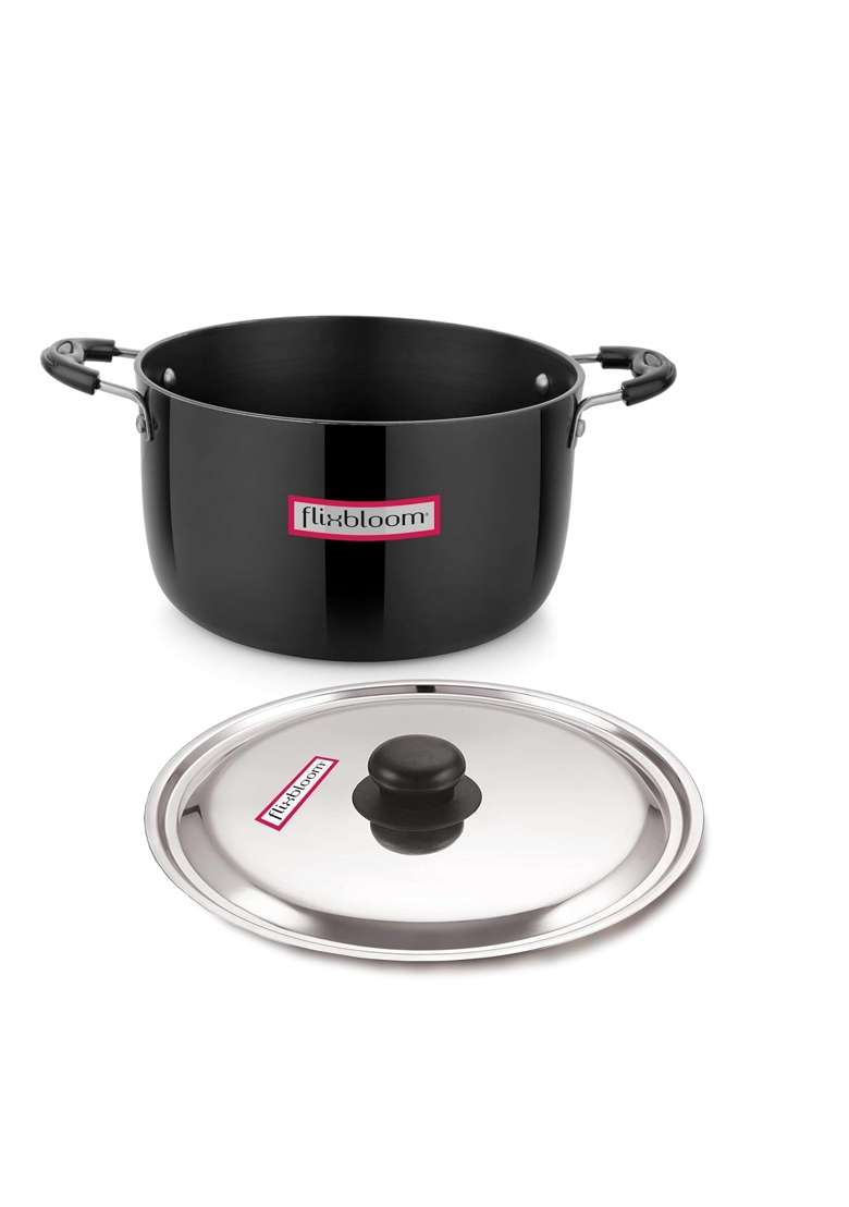 FLIXBLOOM Deep Black Kitchen Hard Anodised Induction Base Cook-n-Serve Bowl Cooking Sauce | 2 L | 2.1 Qt | With Lid - Indya