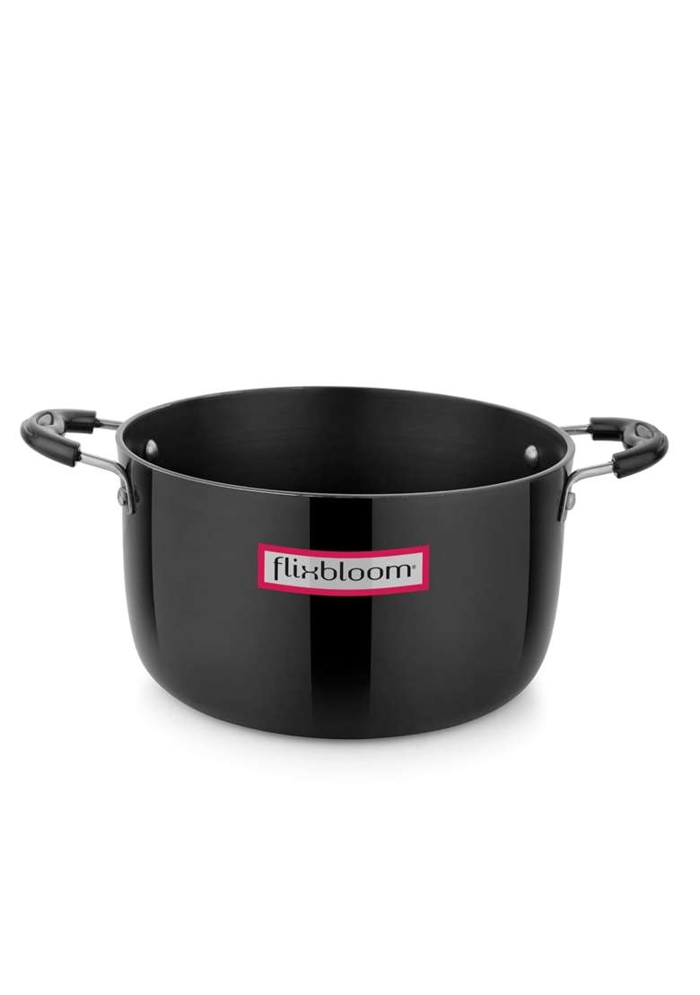 FLIXBLOOM Deep Black Kitchen Hard Anodised Induction Base Cook-n-Serve Bowl Cooking Sauce | 2 L | 2.1 Qt | With Lid - Indya
