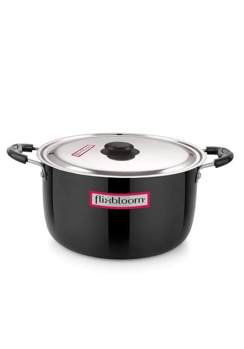 FLIXBLOOM Deep Black Kitchen Hard Anodised Induction Base Cook-n-Serve Bowl Cooking Sauce | 2 L | 2.1 Qt | With Lid