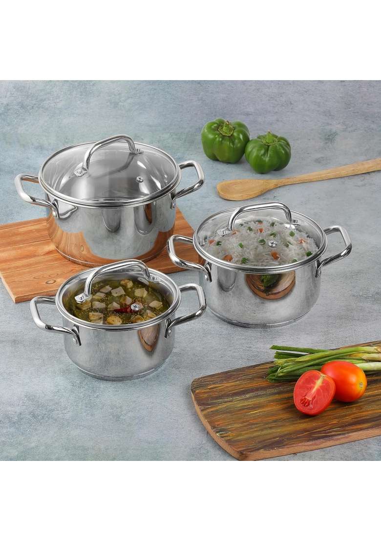 Vinod Mainz Stainless Steel Cookware | 2.7 L | 2.9 Qt | 3-Piece Set | Induction Compatible | With Lid - Indya