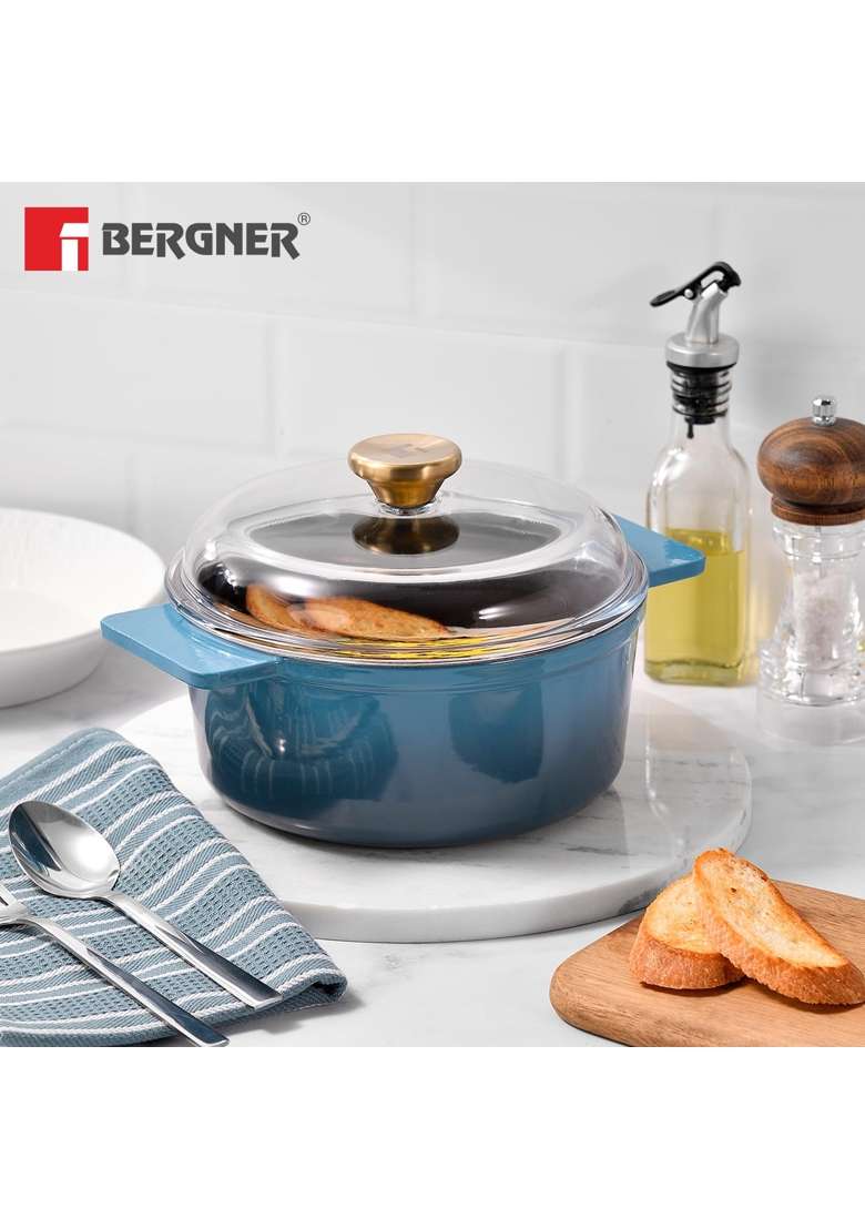 BERGNER Excalibur Lightweight Cast Iron Dutch Oven Biryani Pot Casserole with Glass Lid | 1.2 L | 1.3 Qt | 16 cm | 6.3 Inch | Induction Compatible - Indya