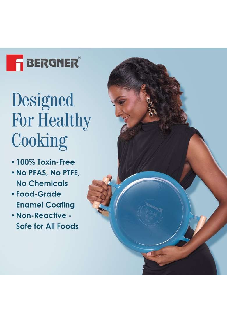 BERGNER Excalibur Lightweight Cast Iron Dutch Oven Biryani Pot Casserole with Glass Lid | 1.2 L | 1.3 Qt | 16 cm | 6.3 Inch | Induction Compatible - Indya