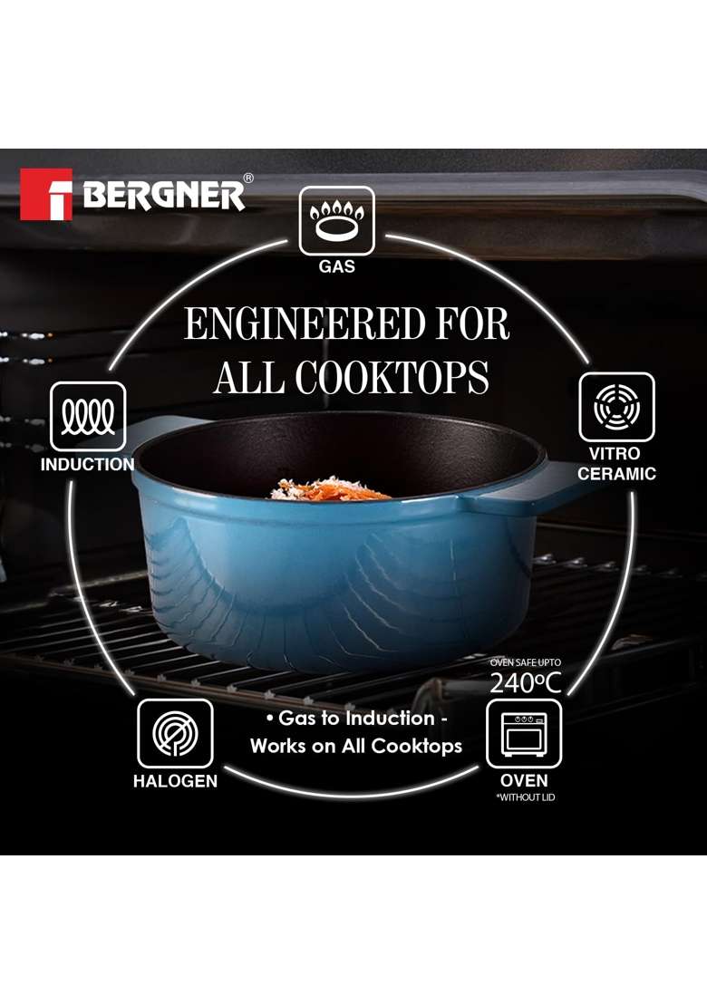 BERGNER Excalibur Lightweight Cast Iron Dutch Oven Biryani Pot Casserole with Glass Lid | 1.2 L | 1.3 Qt | 16 cm | 6.3 Inch | Induction Compatible - Indya
