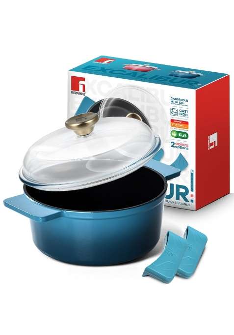 BERGNER Excalibur Lightweight Cast Iron Dutch Oven Biryani Pot Casserole with Glass Lid | 1.2 L | 1.3 Qt | 16 cm | 6.3 Inch | Induction Compatible