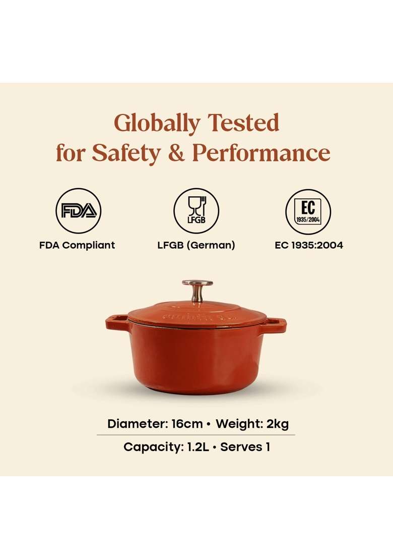 CUMIN CO. Enamel Cast Iron Dutch Oven | 1.2 L | 1.3 Qt | 16 cm | 6.3 Inch | Induction Compatible | Heavy Bottom | Non-Toxic | Non-Stick - Indya