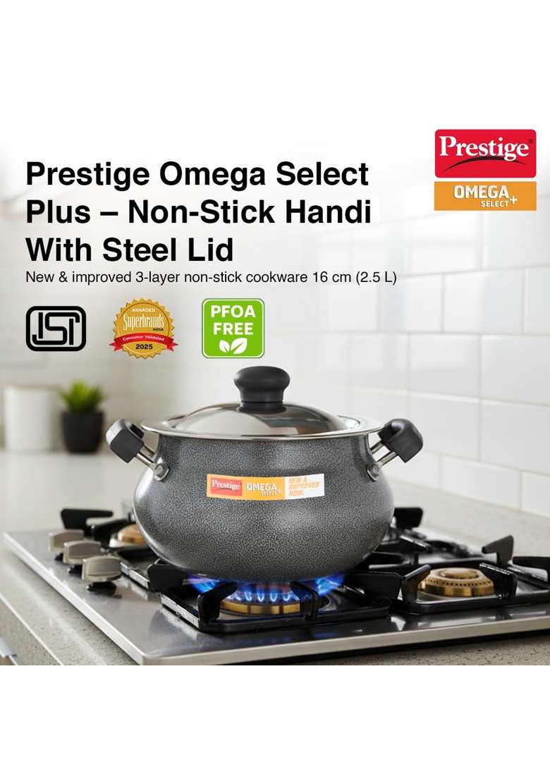 Prestige Omega Select Plus Non Stick Mini Handi Cooking Pot with Ss Lid | 2.5 L | 2.6 Qt - Indya