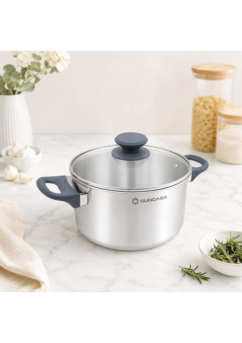 SUNCASA Impact Pro 304 Stainless Steel Casserole with Lid | 3 L | 3.2 Qt | 20 cm | 7.9 Inch | Induction Compatible - Indya