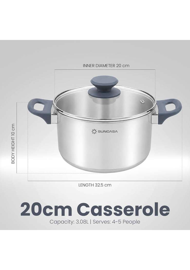 SUNCASA Impact Pro 304 Stainless Steel Casserole with Lid | 3 L | 3.2 Qt | 20 cm | 7.9 Inch | Induction Compatible - Indya