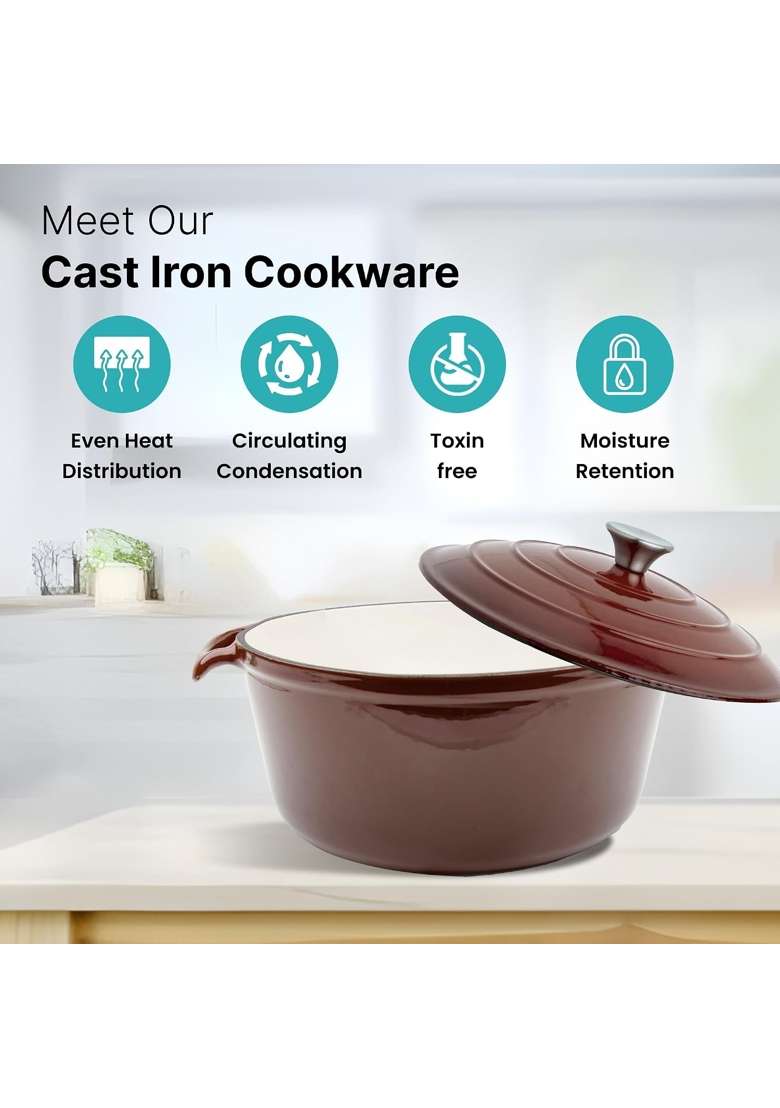 The Better Home Rustic Series Cast Iron Dutch Oven | 4 L | 4.2 Qt | Induction Compatible | Heavy Bottom - Indya