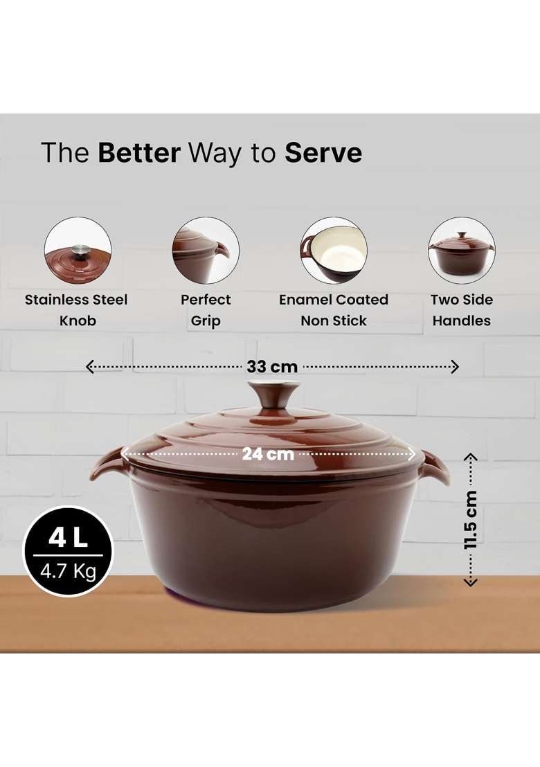 The Better Home Rustic Series Cast Iron Dutch Oven | 4 L | 4.2 Qt | Induction Compatible | Heavy Bottom - Indya