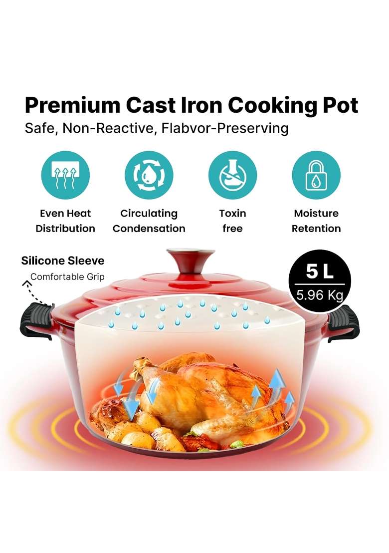 The Better Home Rustic Series Cast Iron Dutch Oven | 5 L | 5.3 Qt | Induction Compatible | Heavy Bottom | With Lid - Indya